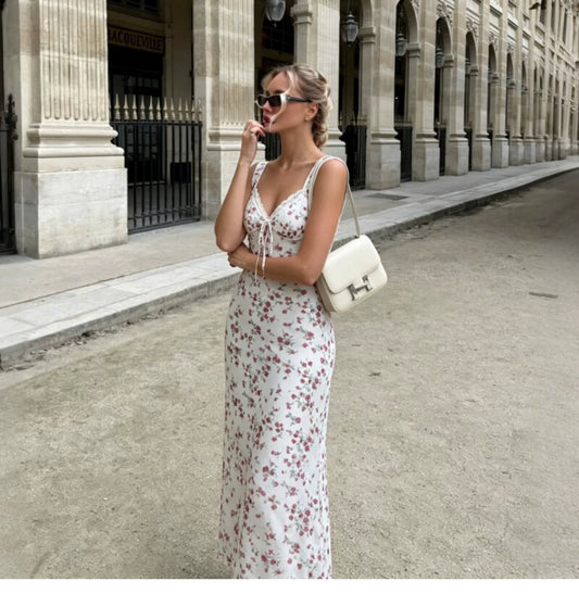 Holiday-style double-layer netted floral halter dress with lace stitching and tie straps, high-waisted and figure-hugging long dress