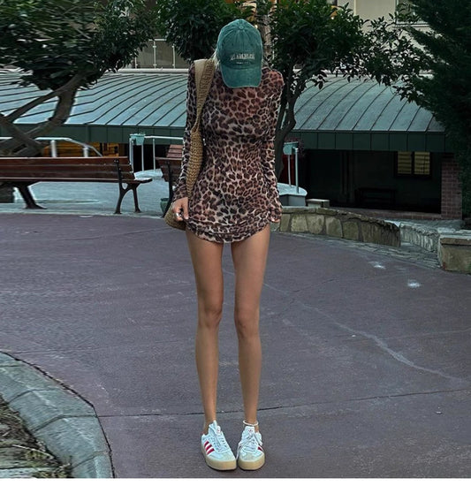 Purely sensual long-sleeved round-neck dress with net fabric and leopard print, paired with a strapless top set for women