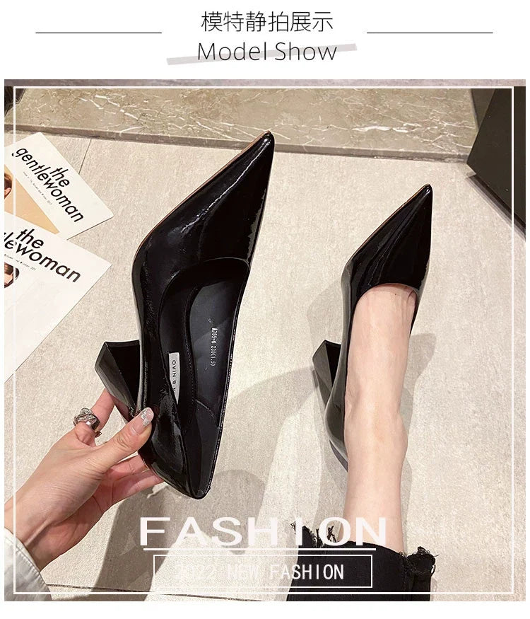 Coarse-featured single-heel spring new style fashionable pointed-toe professional work shoes, shallow toe, women's lacquered leather high heels