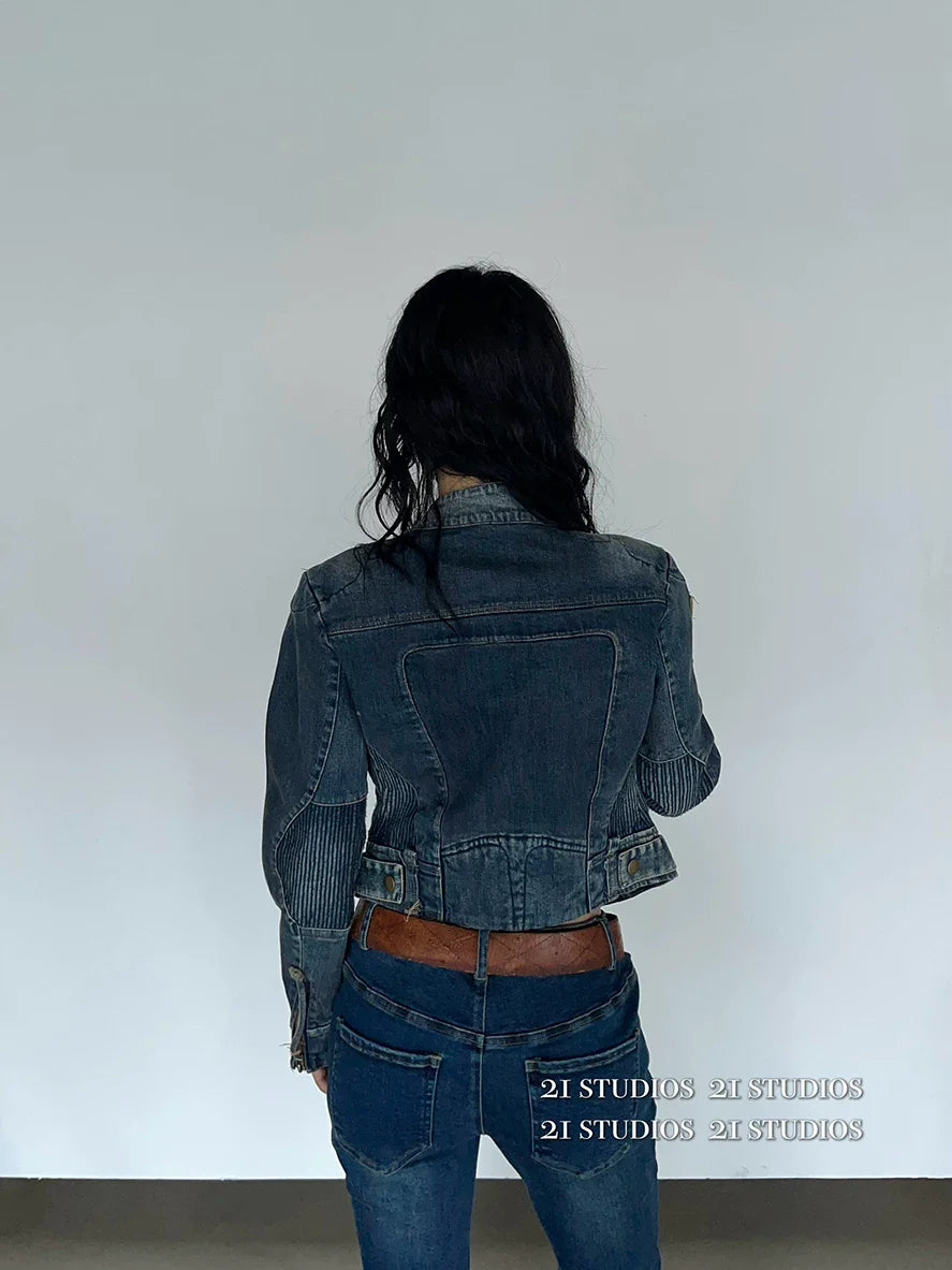 Retro Spring Denim Jacket for Women - Short Sleeve Coat - Denim Pants Set