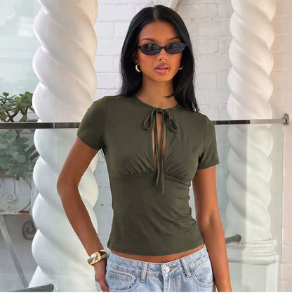 Summer versatile and sexy strapless sheer short-sleeved T-shirt for women, featuring a bold and edgy style, suitable for a tough and confident look, and a slim-fitting design that makes the figure look slimmer and more stylish.
