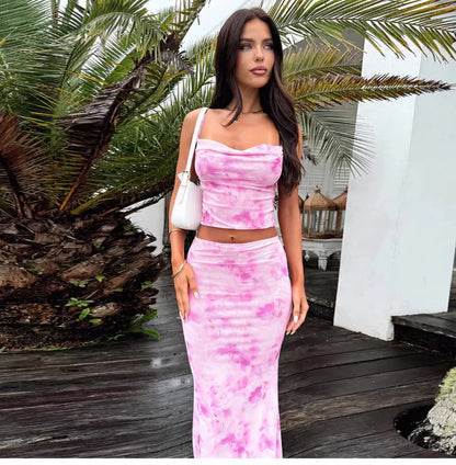 Zydeco print fashion set - V-neck halter top, high-waisted fitted frilly long skirt set