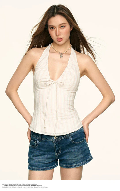 Hot girl V-neck strap-around-the-neck summer design-style backless sleeveless outerwear with a draped top trend