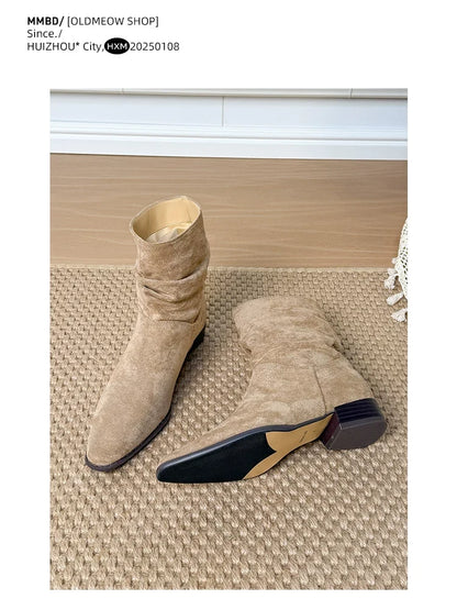 Leather version ~ Retro suede pointed toe pleated boot for women, thick heel, low heel, short boot, slimming effect, western style denim boot