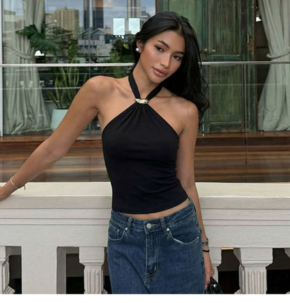 Fashionable and versatile metal ring strap halter-neck tank top for women, revealing the back, slim-fit, spicy girl style top