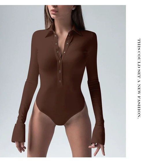 Sexy POLO half-collared long-sleeved one-piece top for women, suitable for spring and autumn, high-waisted, versatile, thick-fabric base layer shirt