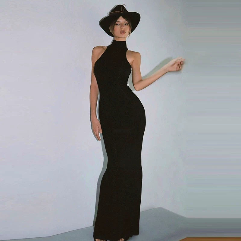 Ins-style half-neckless sleeveless dress for women, sexy chick, stretch fabric, high-waisted, elegant, knee-length dress