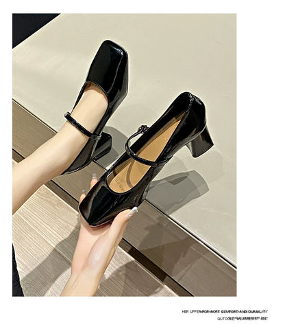 Spring/Summer New Style Thick-Topped Women's Leather Slingback Square-Toe Low-Cut Mary Jane Pumps with Skirt Button-Up High Heels