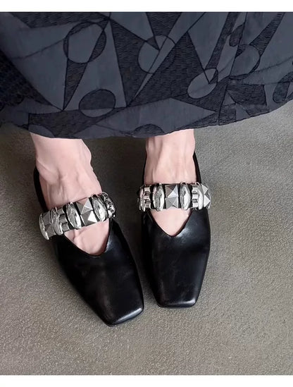 Sheepskin version ~ Versatile high-heel metal black beanie shoes for women, one-piece leather wedge square toe half-toe slippers