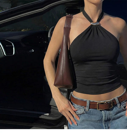 Fashionable and versatile metal ring strap halter-neck tank top for women, revealing the back, slim-fit, spicy girl style top