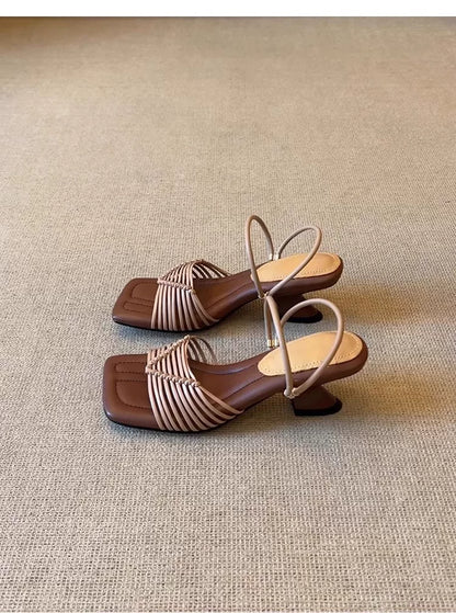 Sheepskin version ~ Soft-soled hand-woven Roman sandals for women, versatile and comfortable leather pointed-toe slip-on high-heeled sandals