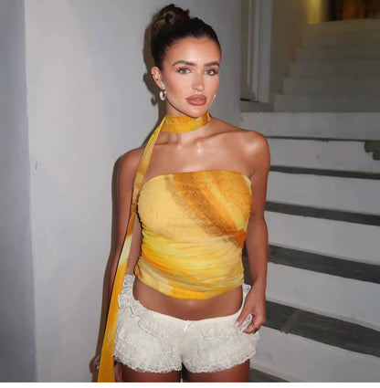 European-style tie-dye printed double-layer net fabric one-shoulder stretch-fitting plunging top for women with flowing ribbons