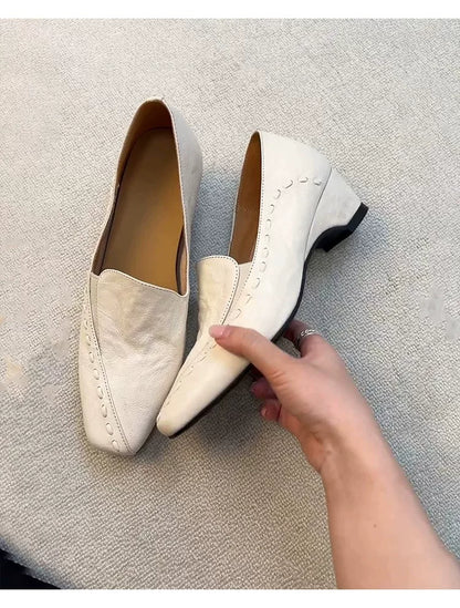 Sheepskin version ~ French-style gentle woven ankle boot loafers with thick heel for women, breathable and comfortable soft sole, small leather shoes