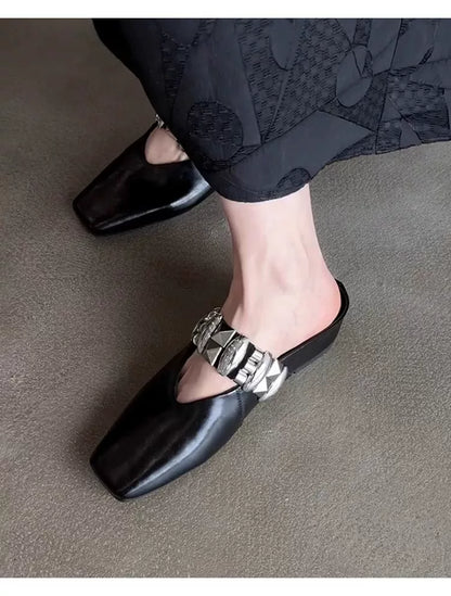 Sheepskin version ~ Versatile high-heel metal black beanie shoes for women, one-piece leather wedge square toe half-toe slippers