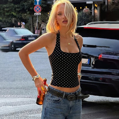 Hot girl polka dot printed neckless halter top with a feminine and erotic style V-neck revealing top for women
