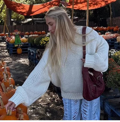 Fall new round-neck loose casual long-sleeved sweater - versatile for outerwear, lightweight semi-transparent trendy top