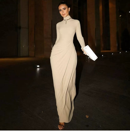 Buttoned half-collared long-sleeved dress for women with pleated high-waist design, featuring a seamless and slimming fit.