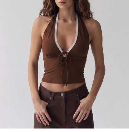Sexy backless lace deep V-neck collarless backless top for girls with high waist and fitted design, featuring adjustable straps.